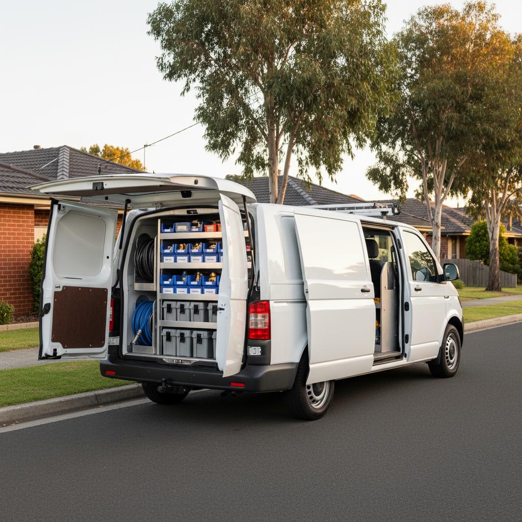 A neatly organized plumbing service van parked in a quiet South East Melbourne suburban street, with tidy brick homes and eucalyptus trees in the background. The van’s rear doors are open to reveal immaculate shelving holding coiled hoses, neatly stacked tool cases, and labeled boxes of fittings, all arranged with precision. No visible branding or text, just clean colors and shapes suggesting professionalism. Late afternoon natural light casts soft, warm highlights along the van’s side and gentle shadows on the asphalt. Captured from a three-quarter angle in photographic realism, the composition uses the rule of thirds to emphasize readiness, reliability, and local expertise.