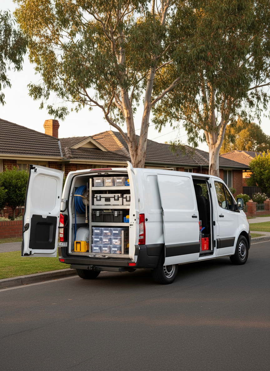A neatly organized plumbing service van parked in a quiet South East Melbourne suburban street, with tidy brick homes and eucalyptus trees in the background. The van’s rear doors are open to reveal immaculate shelving holding coiled hoses, neatly stacked tool cases, and labeled boxes of fittings, all arranged with precision. No visible branding or text, just clean colors and shapes suggesting professionalism. Late afternoon natural light casts soft, warm highlights along the van’s side and gentle shadows on the asphalt. Captured from a three-quarter angle in photographic realism, the composition uses the rule of thirds to emphasize readiness, reliability, and local expertise.