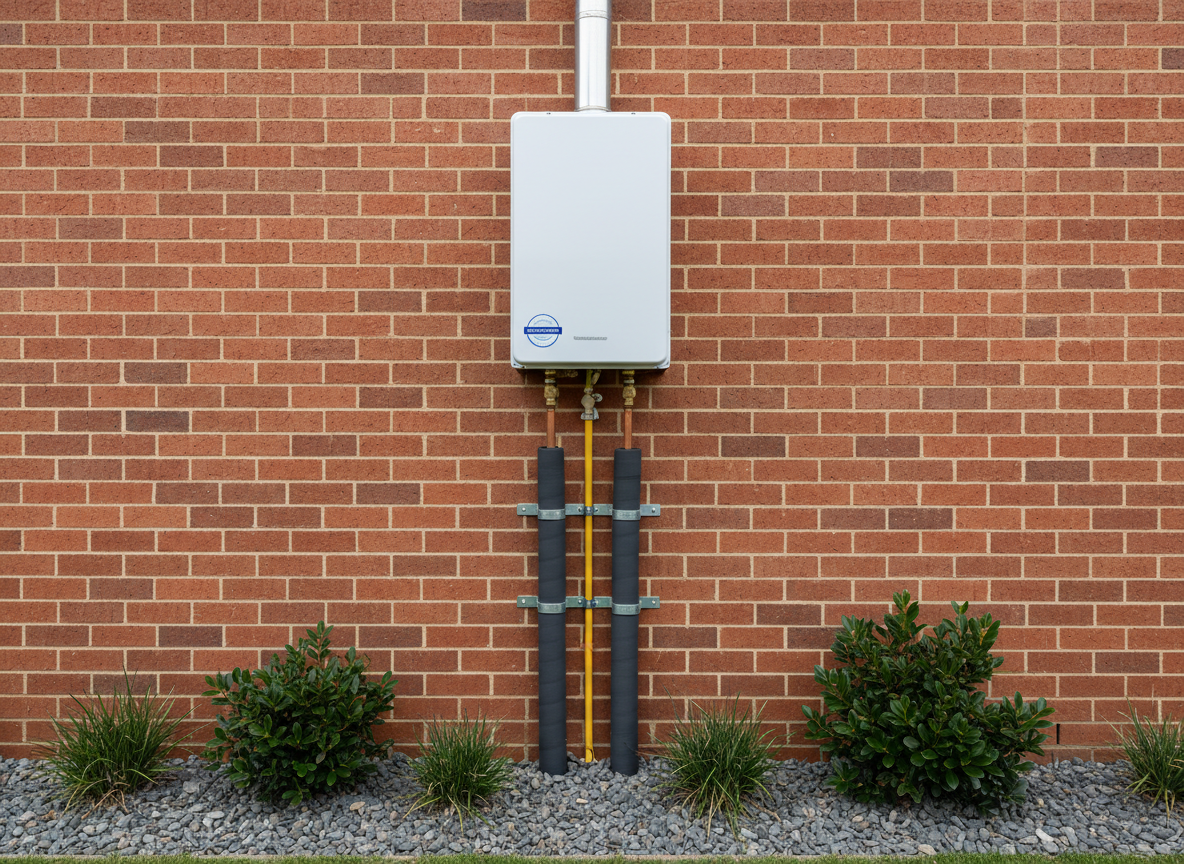 A close-up of a modern gas heating unit installed on an exterior brick wall of a Gippsland home, with insulated copper pipes running vertically, secured by evenly spaced brackets. The unit’s white casing contrasts with the warm red brick, while a small gravel bed and neatly trimmed native plants sit below, hinting at a well-maintained property. Overcast daylight provides diffused, shadow-free illumination, highlighting every fitting and connection with crisp clarity. Shot straight-on with sharp focus throughout, the image feels calm, precise, and technical, conveying safe, compliant heating installation by a professional local plumbing specialist in photographic realism.