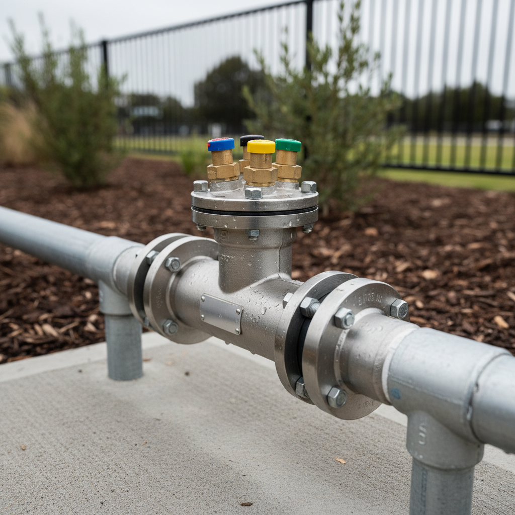 A detailed close-up of a stainless-steel backflow prevention device installed on an outdoor commercial water line, with multiple brass test cocks, precisely tightened unions, and labeled colored caps indicating test points without any readable text. The device is mounted on galvanized pipework emerging from a concrete pad beside a neatly mulched garden bed, evoking a South East Melbourne or Gippsland commercial site. Soft, overcast daylight creates even illumination with minimal glare, showcasing every gasket and joint. Captured from a low, three-quarter angle with shallow depth of field, the background of blurred shrubs and fencing keeps the focus on the technical equipment, emphasizing safety, compliance, and professional backflow prevention services.